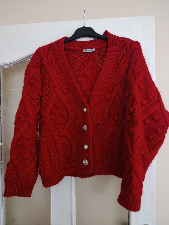 Kırmızı Örgü Bohem Kadın Hırka - Görsel 3