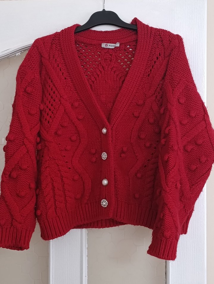 Kırmızı Örgü Bohem Kadın Hırka - Görsel 2