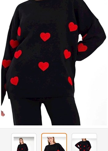 Kadın Siyah Kırmızı Kalp Desenli Triko Takım - Görsel 5