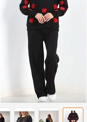 Kadın Siyah Kırmızı Kalp Desenli Triko Takım - Görsel 2