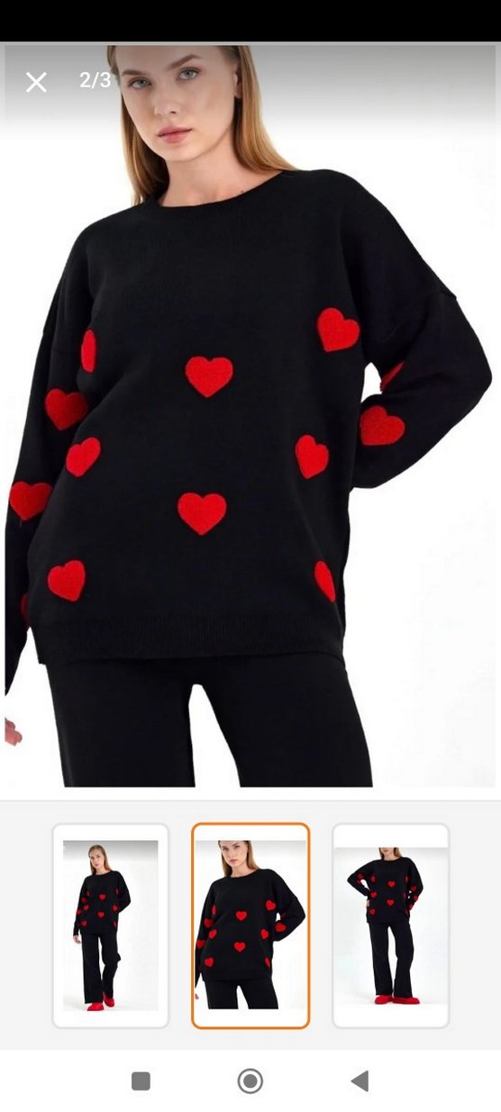 Kadın Siyah Kırmızı Kalp Desenli Triko Takım - Görsel 5