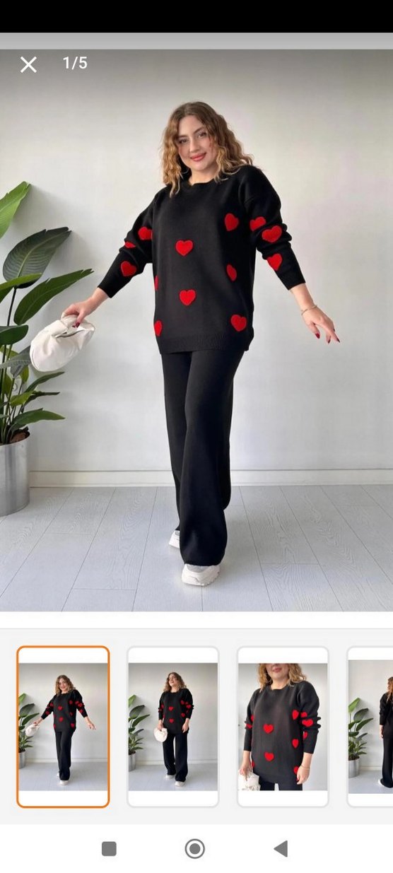 Kadın Siyah Kırmızı Kalp Desenli Triko Takım - Görsel 3