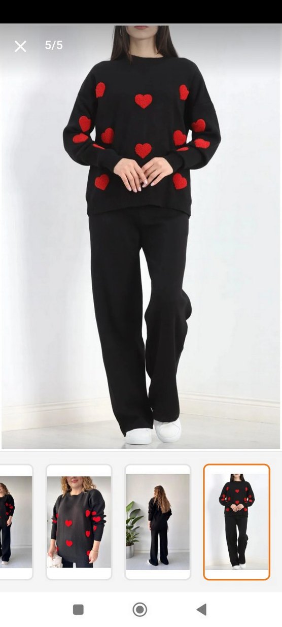 Kadın Siyah Kırmızı Kalp Desenli Triko Takım - Görsel 2