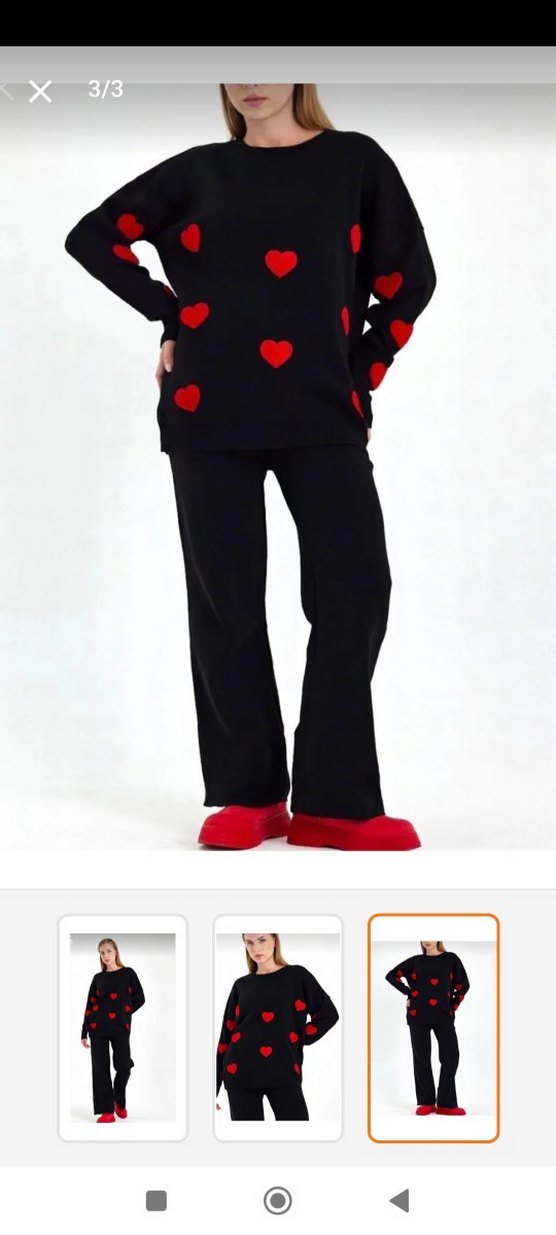 Kadın Siyah Kırmızı Kalp Desenli Triko Takım - Görsel 4