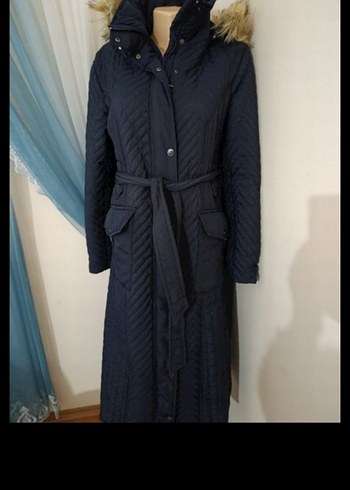 Kürklü Lacivert Uzun Kadın Kışlık Mont - Görsel 2