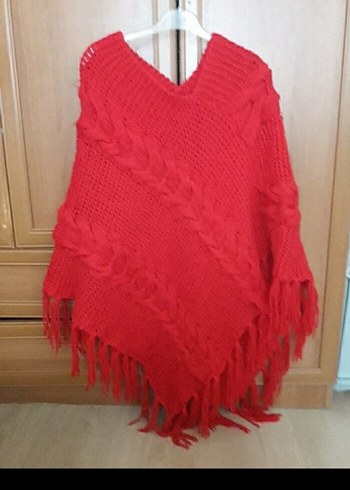 Kırmızı Örgü Bohem Kadın Panço - Görsel 2