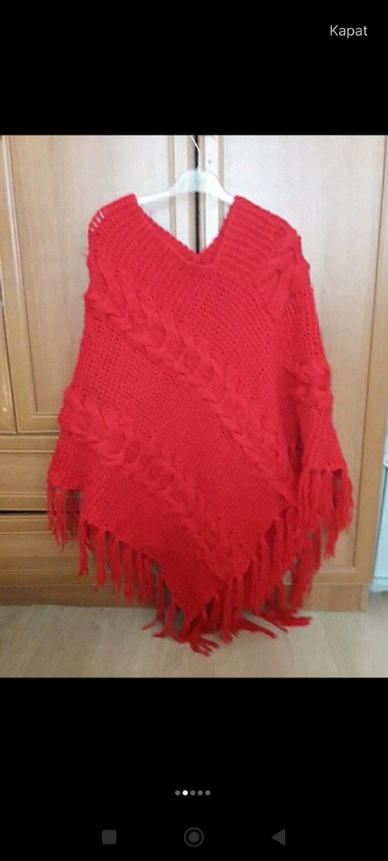 Kırmızı Örgü Bohem Kadın Panço - Görsel 2