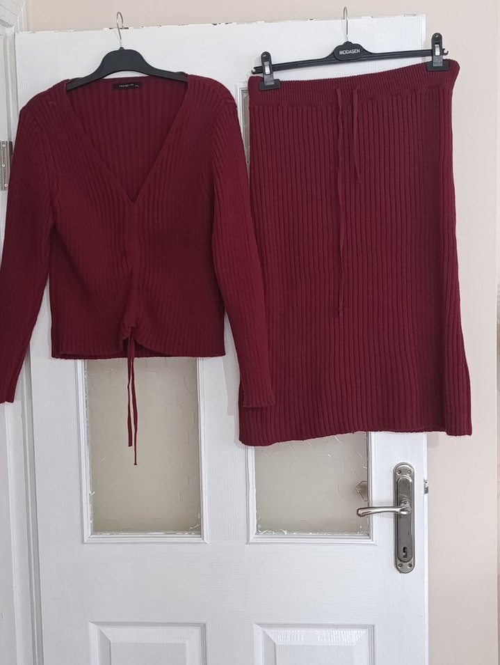 Bordo V Yaka Triko Kadın Takım - Görsel 5