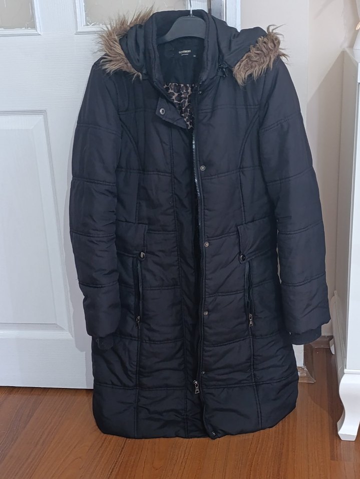 Siyah Uzun Kadın Mont Kürklü Kapüşonlu - Görsel 2