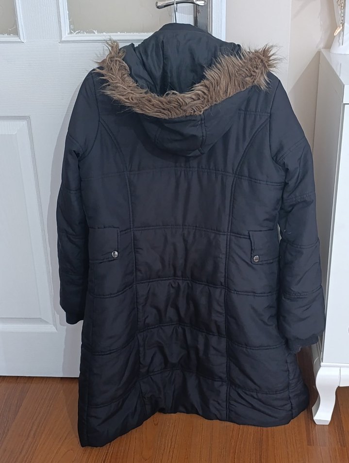 Siyah Uzun Kadın Mont Kürklü Kapüşonlu - Görsel 5