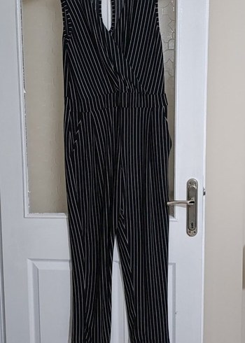 siyah beyaz Çizgili Piliseli Kadın Tulum - Görsel 2