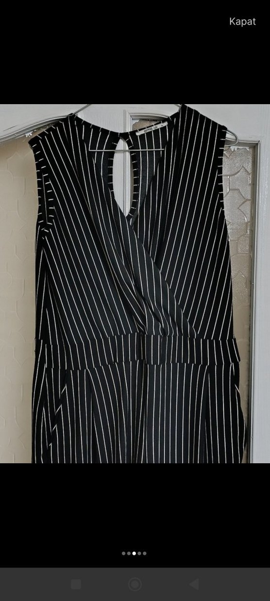 siyah beyaz Çizgili Piliseli Kadın Tulum - Görsel 3