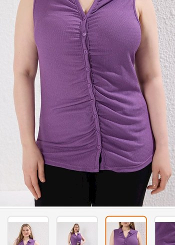 Düğmeli V Yaka Mor Kolsuz Bluz - Görsel 4