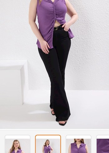 Düğmeli V Yaka Mor Kolsuz Bluz - Görsel 5