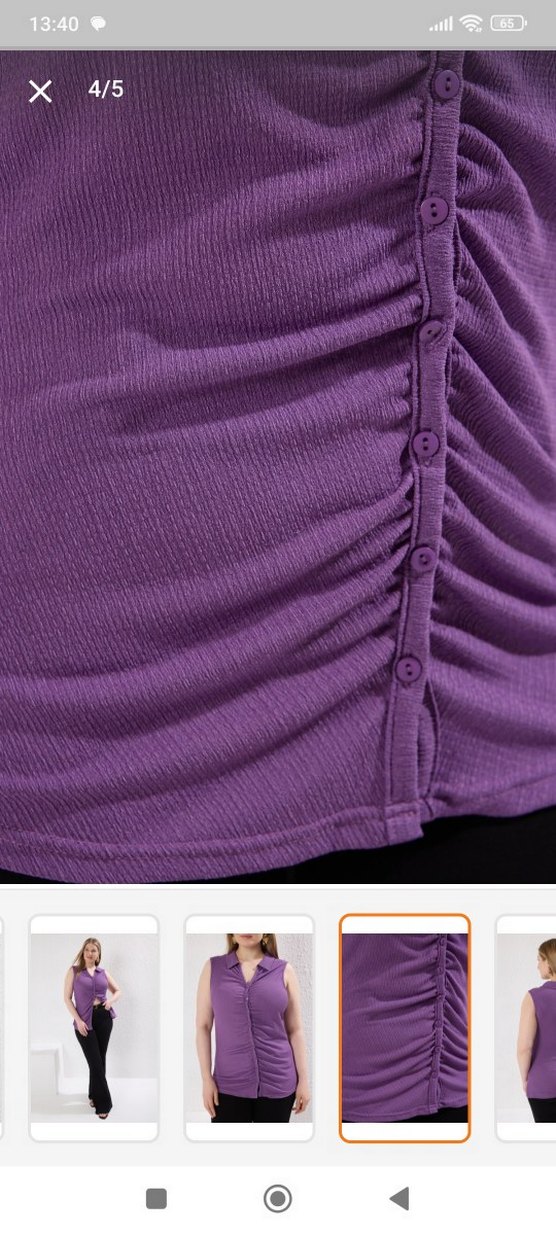 Düğmeli V Yaka Mor Kolsuz Bluz - Görsel 3