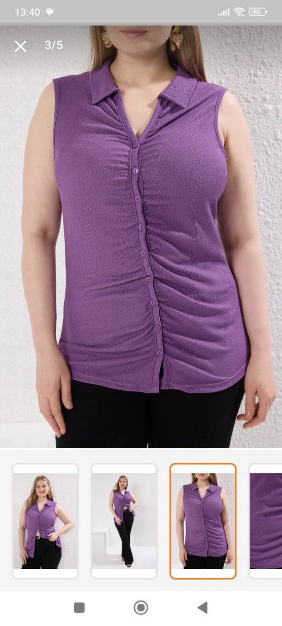 Düğmeli V Yaka Mor Kolsuz Bluz - Görsel 4