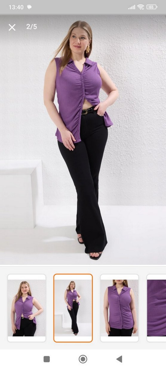 Düğmeli V Yaka Mor Kolsuz Bluz - Görsel 5