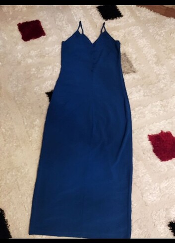 l Beden mavi Renk Şifon uzun kalem elbise