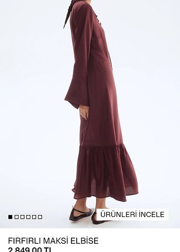 H&M koyu bordo fırfırlı maksi elbise - Görsel 2