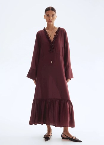 H&M koyu bordo fırfırlı maksi elbise - Görsel 4