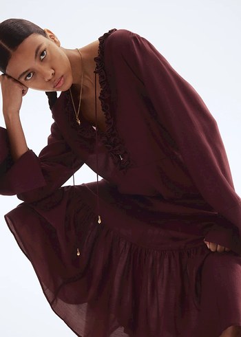 H&M koyu bordo fırfırlı maksi elbise - Görsel 3