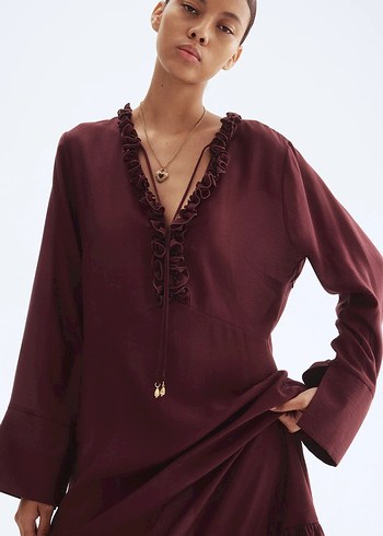 H&M koyu bordo fırfırlı maksi elbise - Görsel 5