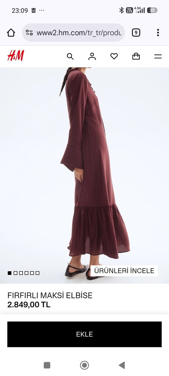 H&M koyu bordo fırfırlı maksi elbise - Görsel 2