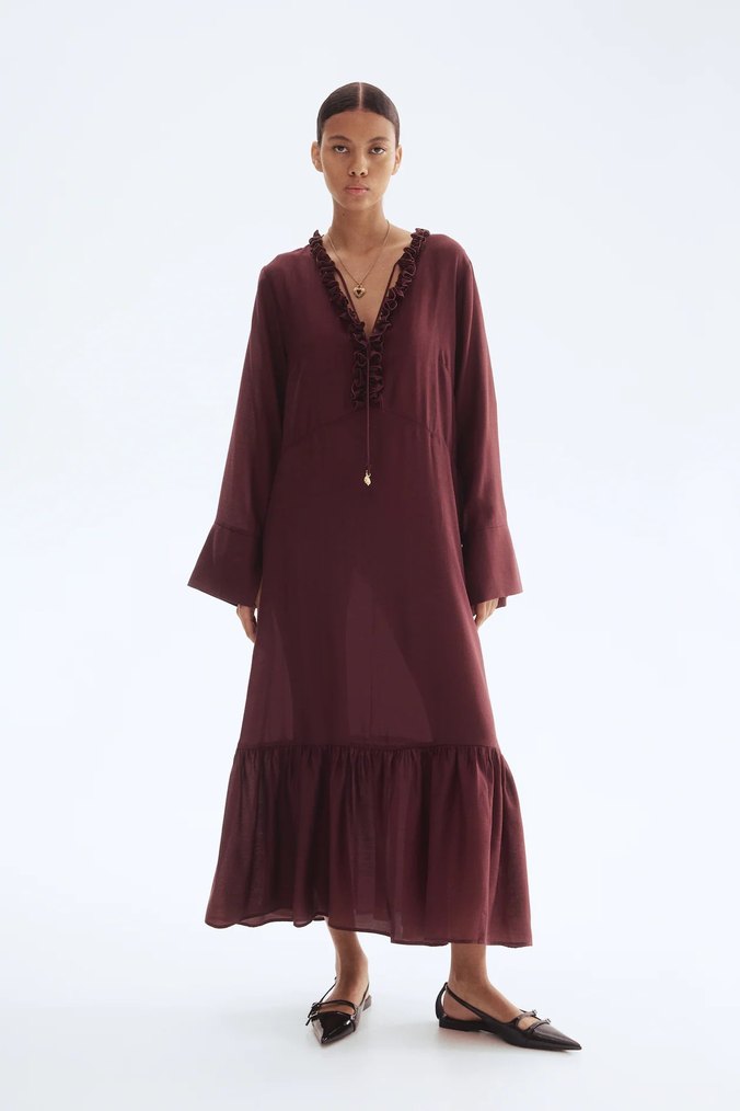 H&M koyu bordo fırfırlı maksi elbise - Görsel 4