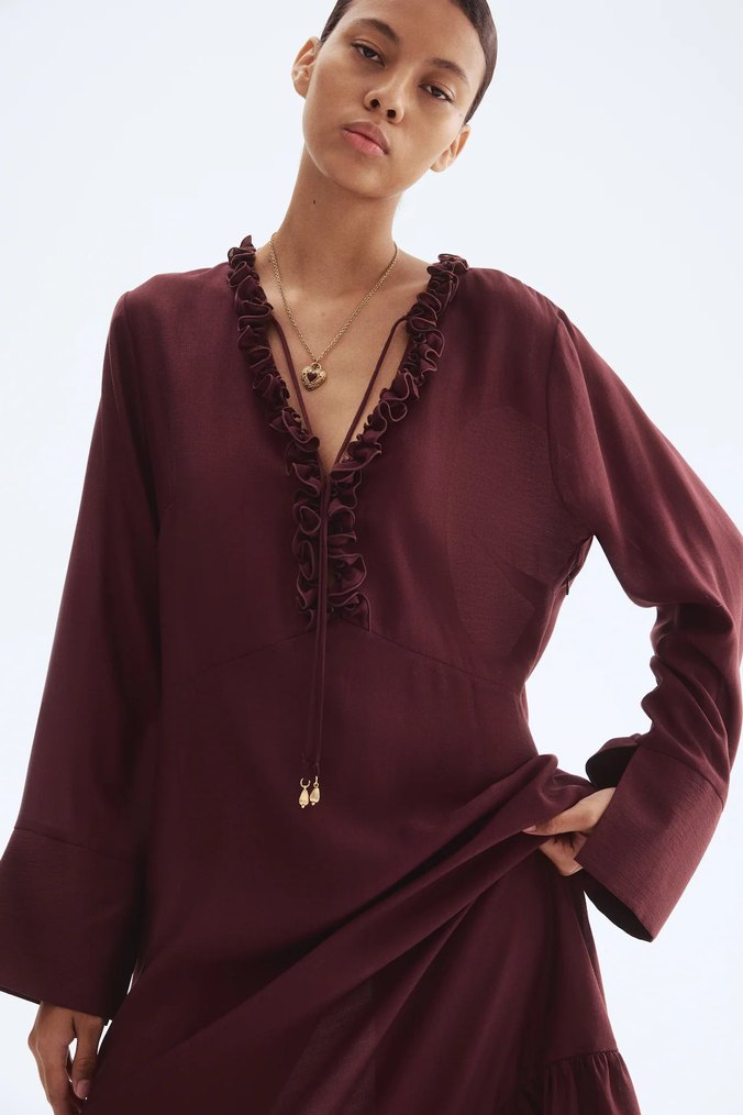 H&M koyu bordo fırfırlı maksi elbise - Görsel 5