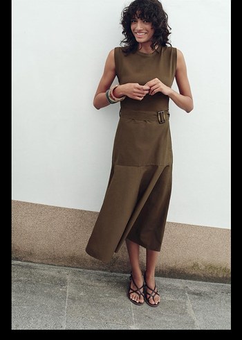 Haki Kemerli Uzun Elbise - Görsel 2