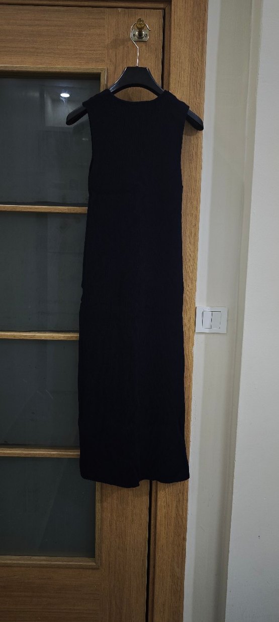 Düğmeli Lacivert V Yaka Uzun Triko Elbise - Görsel 5