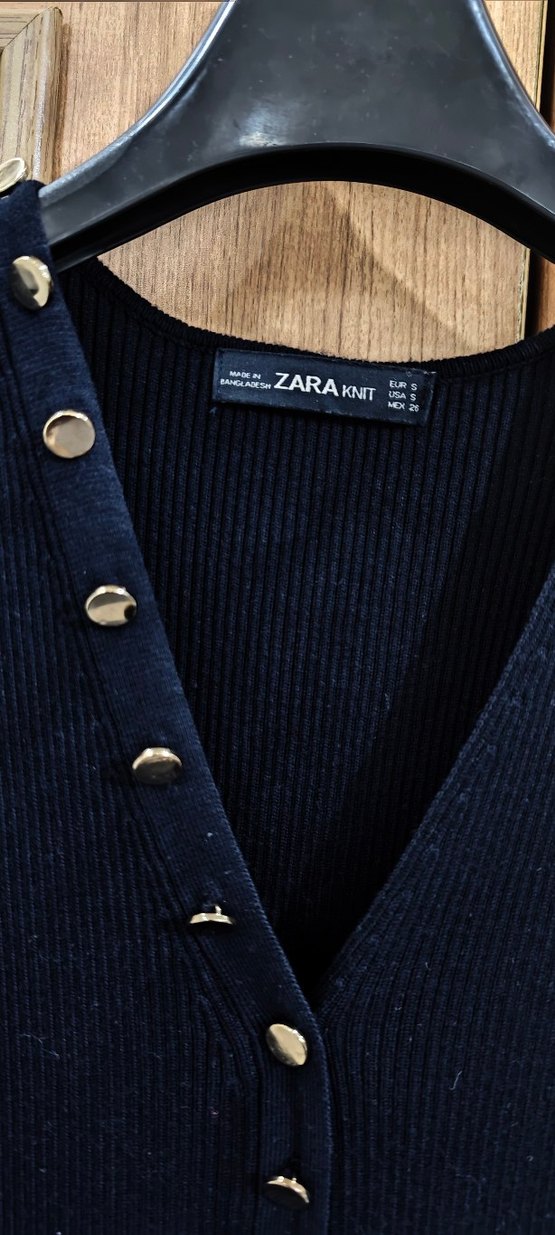 Düğmeli Lacivert V Yaka Uzun Triko Elbise - Görsel 4