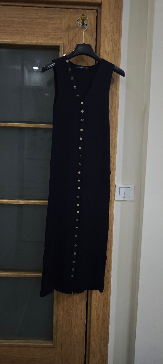 Düğmeli Lacivert V Yaka Uzun Triko Elbise - Görsel 3