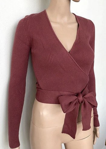 Bordo V Yaka Örgü Kadın Kazak - Görsel 2