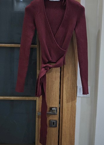 Bordo V Yaka Örgü Kadın Kazak - Görsel 4