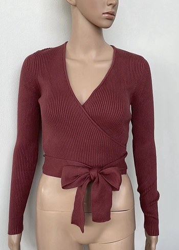 Bordo V Yaka Örgü Kadın Kazak - Görsel 3