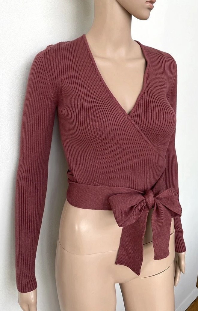 Bordo V Yaka Örgü Kadın Kazak - Görsel 2