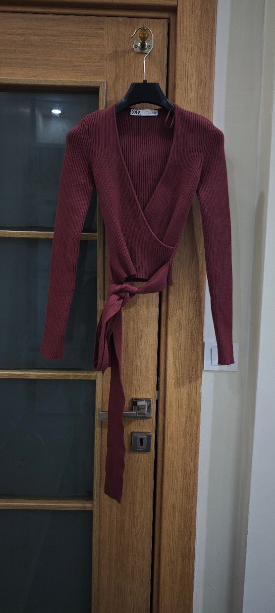 Bordo V Yaka Örgü Kadın Kazak - Görsel 4