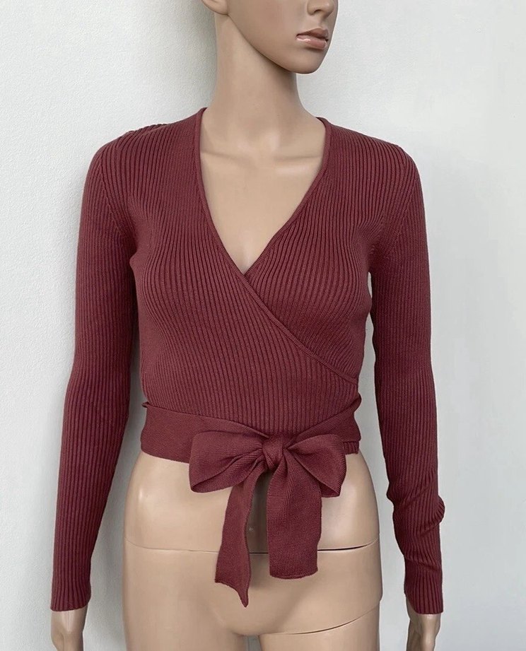 Bordo V Yaka Örgü Kadın Kazak - Görsel 3