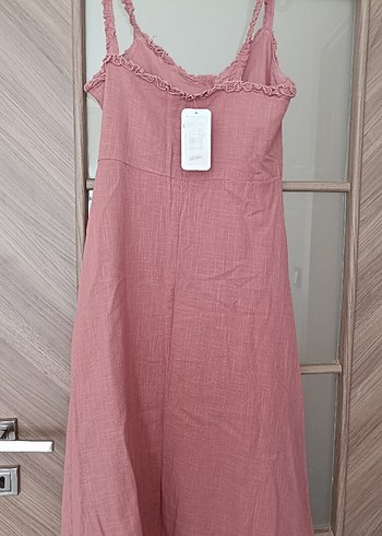 m Beden pembe Renk Düğmeli Askılı Pembe Uzun Keten Elbise