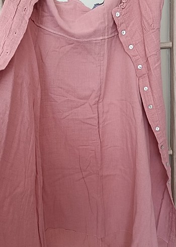 m Beden Düğmeli Askılı Pembe Uzun Keten Elbise