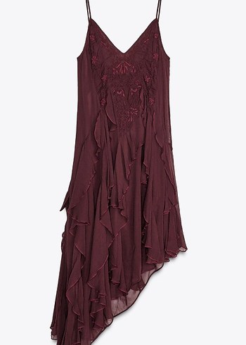Zara Bordo işlemeli ve fırfır detaylı Bohem Kolsuz Uzun Elbise
