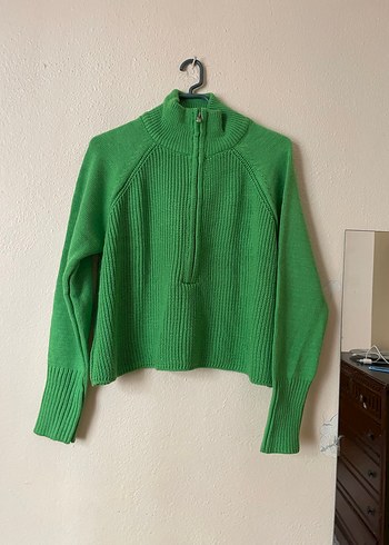 Yeşil Yarım Fermuarlı Yüksek Yakalı Kazak - Görsel 2