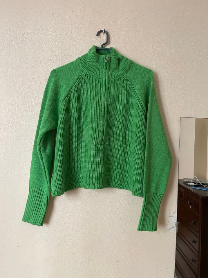 Yeşil Yarım Fermuarlı Yüksek Yakalı Kazak - Görsel 2