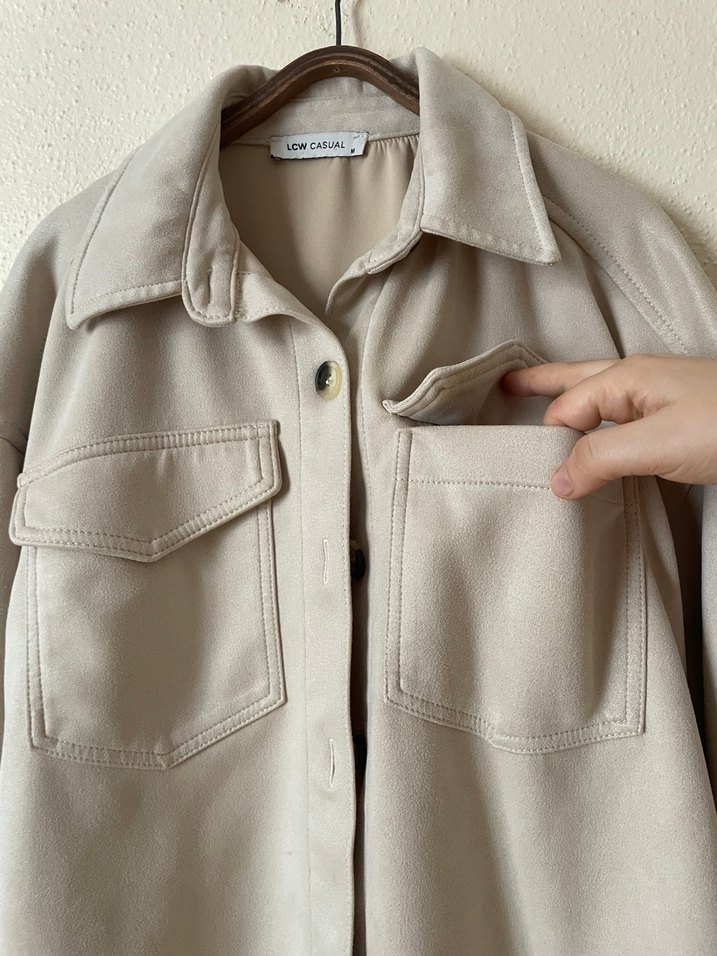 Bej Süet Kadın Ceket Düğmeli Rahat Kesim - Görsel 3