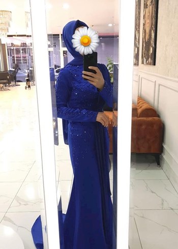 Abiye Uzun Kollu Mavi Nakışlı Abiye Elbise