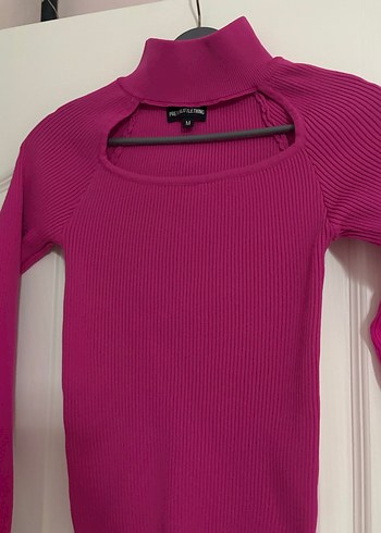 Pembe Yüksek Yaka Fitilli Triko Kazak - Görsel 2