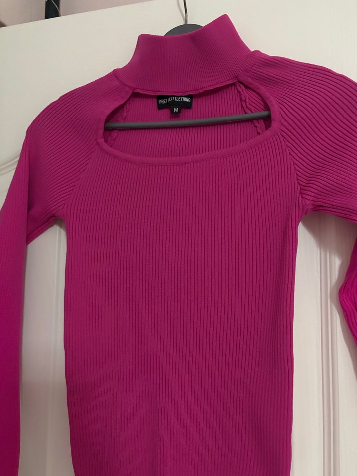 Pembe Yüksek Yaka Fitilli Triko Kazak - Görsel 2