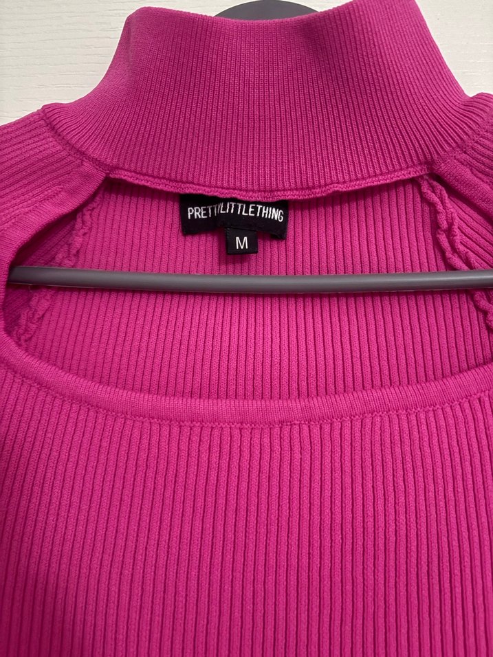 Pembe Yüksek Yaka Fitilli Triko Kazak - Görsel 3