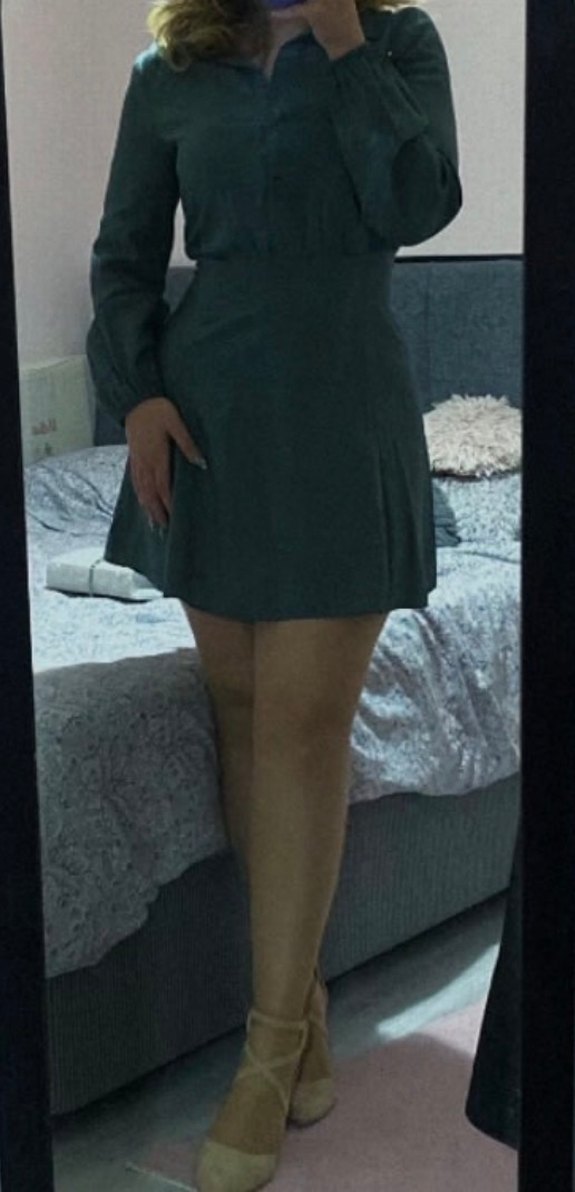 Düğmeli Koyu Yeşil Keten Midi Elbise - Görsel 3